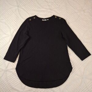Chico's 1 Medium Top Black 3/4 Sleeve Boat Neck Slub Knit Rounded Hem